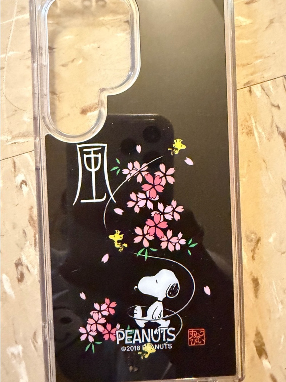 Peanuts Snoopy Black Case with Pink Cherry Blossom Design S24 ultra